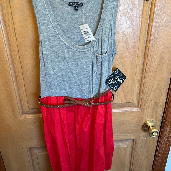 BeBop Dresses & Skirts - BeBop Gray and Red Sleeveless Dress with Brown Belt